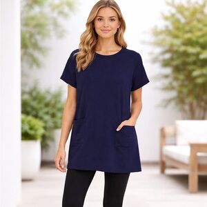 Eileen Fisher Blue Short Sleeve Front Pockets Cotton Tunic Top Petite Small